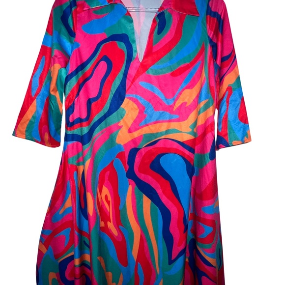 Abstract Ripple Print Dress, Casual V Neck 3/4 Sleeve Dress - Picture 4 of 4